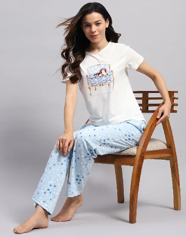 Women White & Sky Blue Printed Round Neck Half Sleeve Lower Set