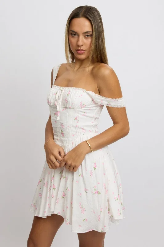 Pink Ditsy Fit And Flare Dress Corset Detail Mini