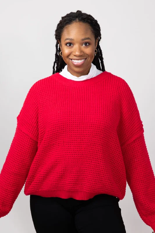 Miracle Waffle Cable Knit Sweater for Women in Red | F196-RED