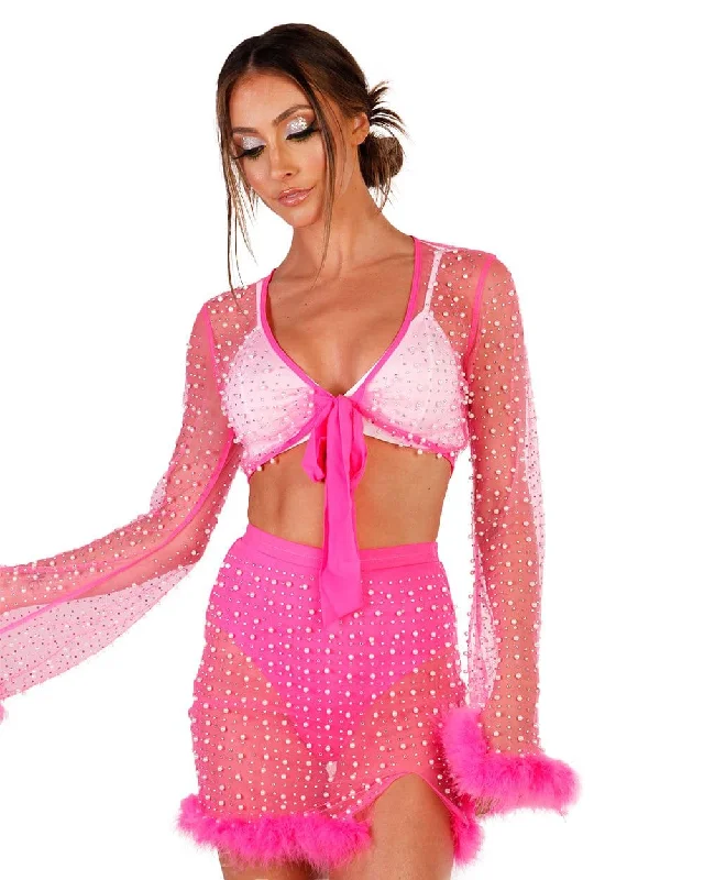 Glamour Girl Pearl Studded Marabou Skirt Set - Neon Pink