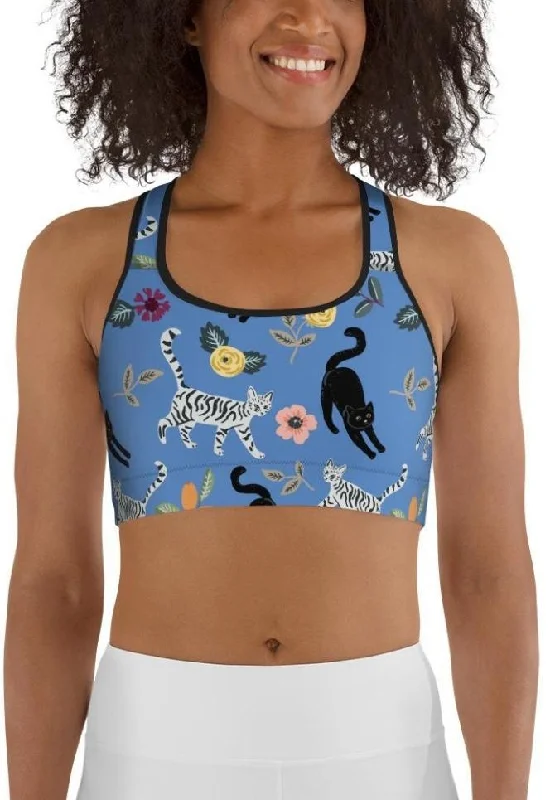 Feline & Flower Pattern Sports Bra