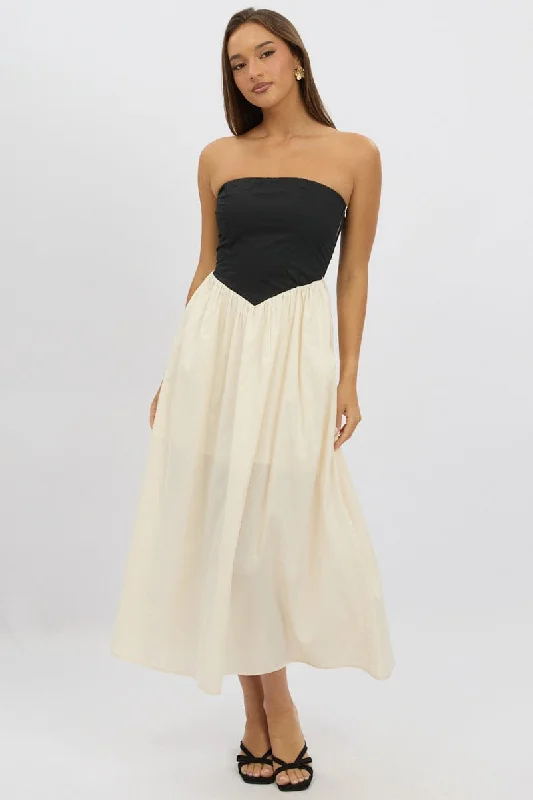 Beige Strapless Maxi Dress Colour Block