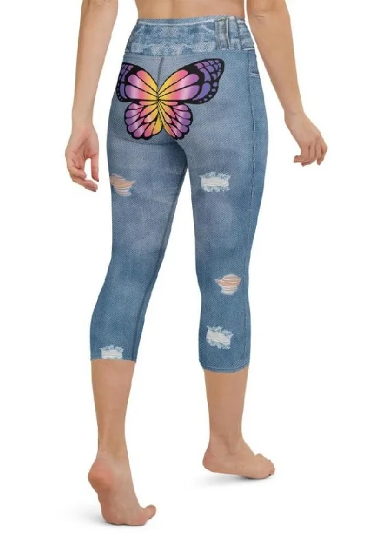 Butterfly Denim Print Yoga Capris