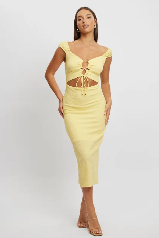 Yellow Bodycon Dress Textured Midi