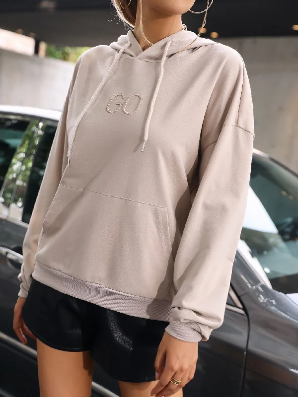 Casual Letter Pocket Long Sleeve Hooded Regular Women Sweatshirt