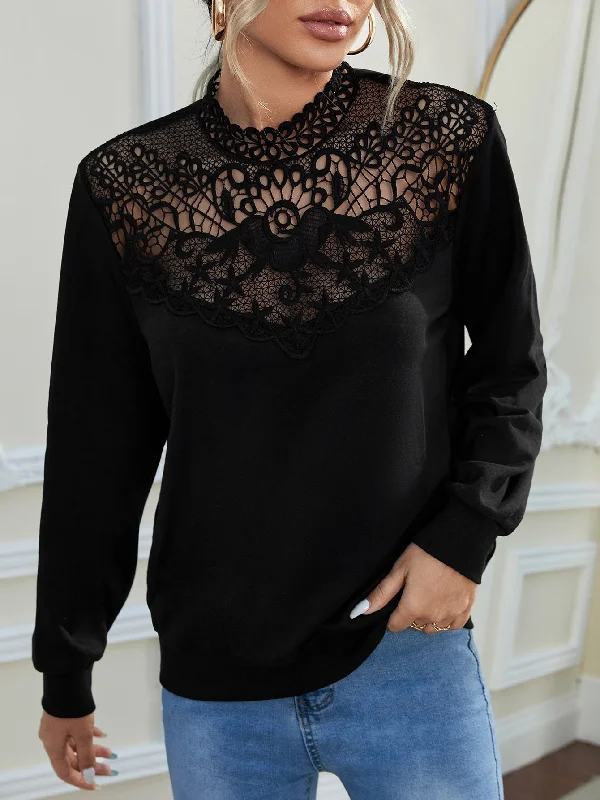 Casual Plain Contrast Lace Long Sleeve Stand Collar Regular Women Sweatshirt