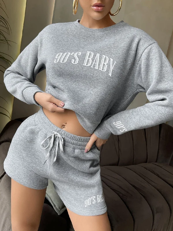 Casual Slogan Long Sleeve Round Neck Crop Women Sweatshirt