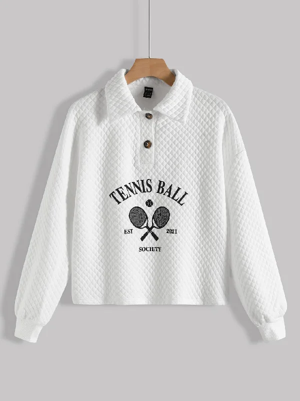 Casual Graphic Button Front Long Sleeve Polo Regular Women Sweatshirt