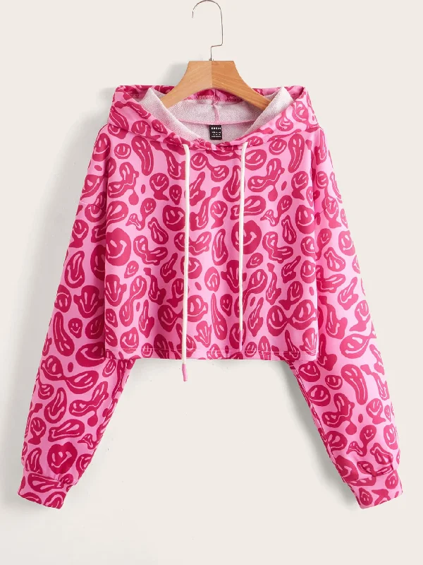 Casual All Over Print Drawstring Long Sleeve Hooded Crop Women Sweatshirt