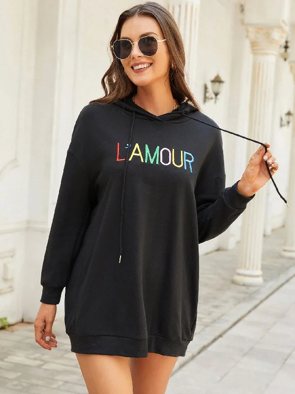 Casual Letter Drawstring Long Sleeve Hooded Long Women Sweatshirt